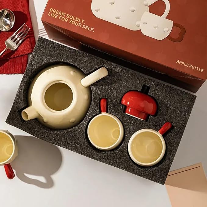 Apple-themed Modern Tea Set, 1 Teapot (28.7oz), 4 Teacups and 1 Tea Tray, Porcelain Tea Set for Adults, Cute Tea Set for Women Tea Party, Gift Package - Bloomnest