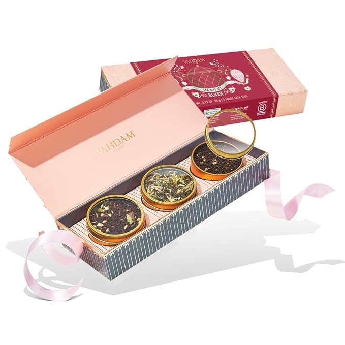 VAHDAM, BLUSH - Assorted Christmas Tea Gift Set for Women (3 Premium Teas) Tin Caddy Presentation Box | Loose Leaf Teas | Gluten Free & Non GMO | Gifts for Her - Bloomnest