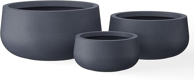 Kante 19.6",15.7",11.8" Dia Round Concrete Planters Set of 3, Outdoor Indoor Garden Plant Pots with Drainage Hole and Rubber Plug, Modern Curvaceous Design, Charcoal - Bloomnest