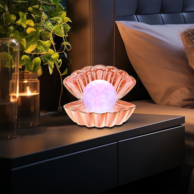 Shell Pearl Beach Themed Night Light, RGB 8 Colors Changing Mood Shell Pearl Lamps, Bedside LED Clamshell Portable Night Lights for Bar (Electroplated Rose Gold) - Bloomnest