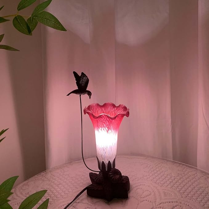 Bieye LL06 Hummingbird Flying Over Lily Flower Blown Glass Table Lamp for Home Decor (White Red, 4.25Wx12H)