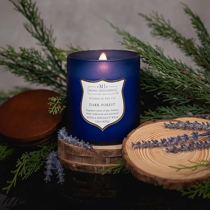 Manly Indulgence Dark Forest Scented Jar Candle for Men, Wood Wicked Candle, 15 oz - Oak, Balsam, Fresh Cedarwood & Patchouli - Up to 60 Hours Burn, Soy Blend Wax, USA Poured, Navy Blue - Bloomnest