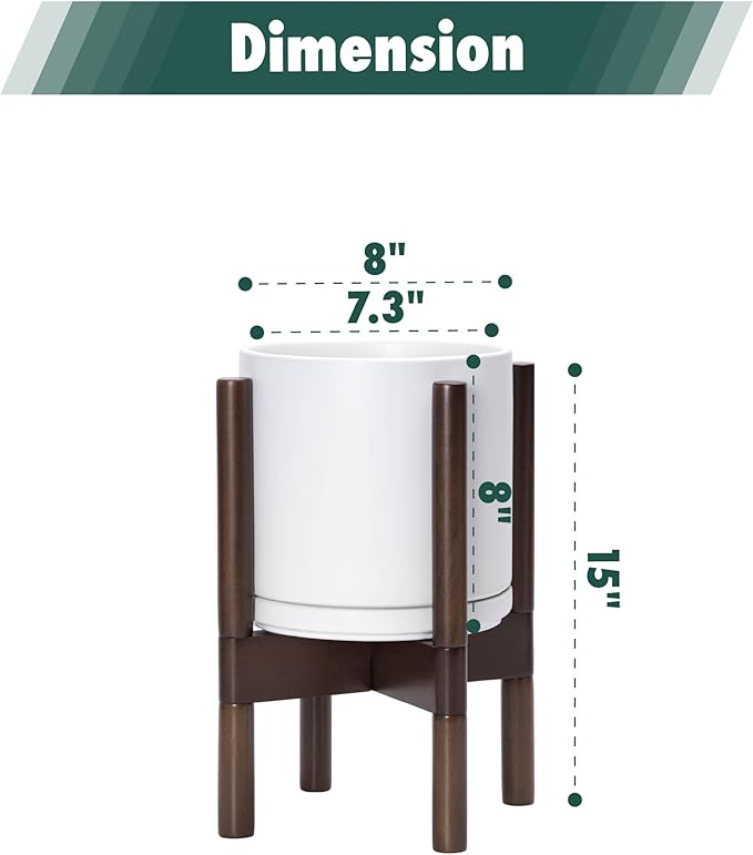 D'vine Dev Ceramic Planter with Walnut Color Stand - 8 Inch Modern Round Flower Pot with Wood Planter Holder, White, 55-B-Y-1 - Bloomnest