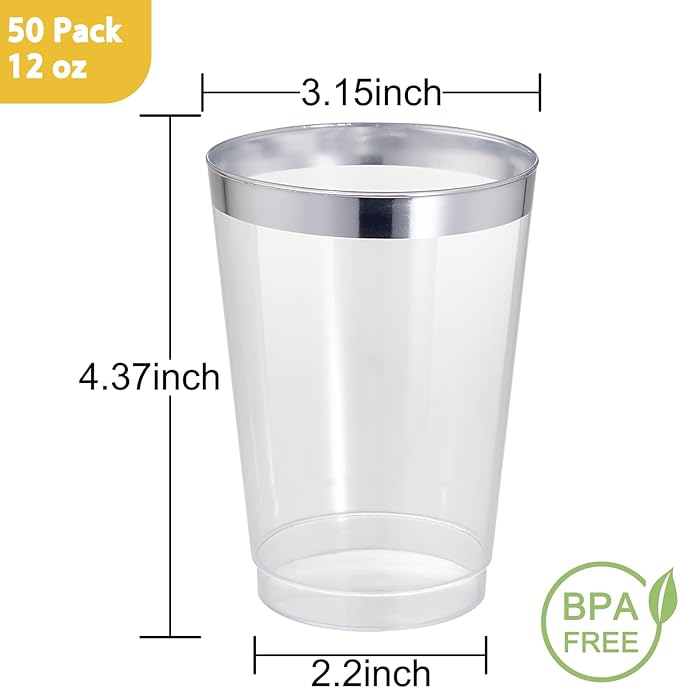I00000 50 Pack 12 oz Silver Plastic Cups, Silver Rimmed Disposable Cups, Party Wine Glasses Disposable Cocktail Glasses Heavy Duty Cups with Silver Rim, 12 Ounce Plastic Tumblers For Party - Bloomnest