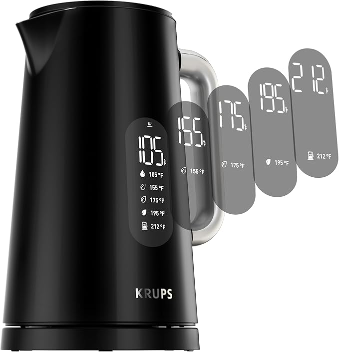 KRUPS Smart Temp Electric Kettle: 1.7L Capacity, 5 Precise Temperature Settings, Digital Display, Cool-Touch Exterior, Cordless Design for Tea and Coffee Lovers - Bloomnest
