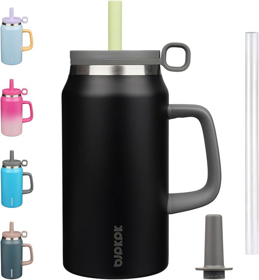 BJPKPK 50oz Insulated Tumbler with Handle Stainless Steel Travel Coffee Mug with Lid Reusable Large Water Bottle with Straw,Black - Bloomnest
