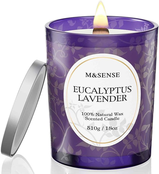 M&SENSE Eucalyptus Lavender Scented Candle, Cracking Wooden Wick Soy Wax, 18oz 100 Hours Long Lasting Clean Burn, Large Jar Candles for Home Decor, Non-Toxic Relaxing Aromatherapy Gifts for Women - Bloomnest