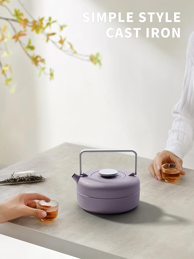 Toptier Teapot with Removable Infuser, Cast Iron Tea Kettle Stovetop Safe, Solid Geometry Cylinder Design Tea Pot Coated with Enameled Interior for 27 Ounce (800 ml), Purple - Bloomnest