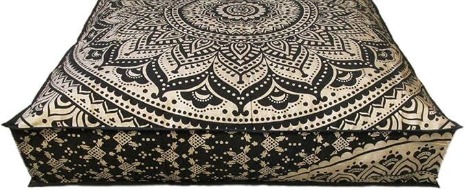 24" Black Gold Ombre Mandala Barmeri Large Floor Pillow Cover Cushion Meditation Seating Ottoman Throw Cover Hippie Decorative Zipped Bohemian Pouf Ottoman Pom Pom Cases 24 " square - Bloomnest