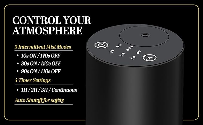 Waterless Essential Oil Diffuser, battery-operated cordless aromatherapy diffuser with timer & 3 mist levels. For car, home, office, yoga studio, nursery, bedrooms, and pet areas. Black aluminum alloy Bloomnest