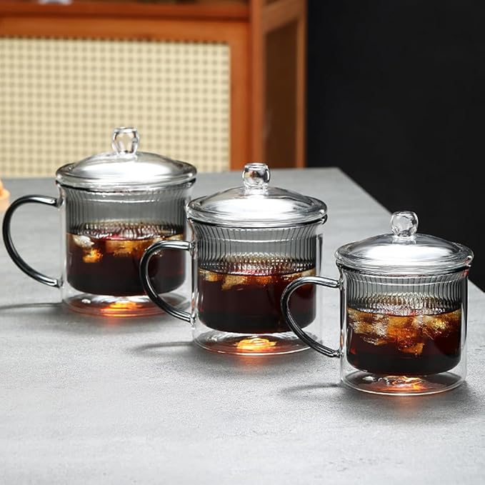 11OZ Double Walled Coffee Mugs Glass with Lid Handles,Cups for Latte,Hot Tea,Cappuccino, Mocha,Cocoa,Hot & Cold Beverages Glasses Heat Resistant Coffee Cups - Bloomnest