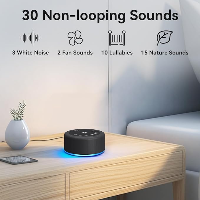 Sleep Sound Machine White Noise Machine with 30 Non Looping Sounds 12 Night light Colors with 5 Timers 36 Adjustable Volume Memory Function Brown Noise Machine for Baby kid Adult & Home Nursery Travel - Bloomnest