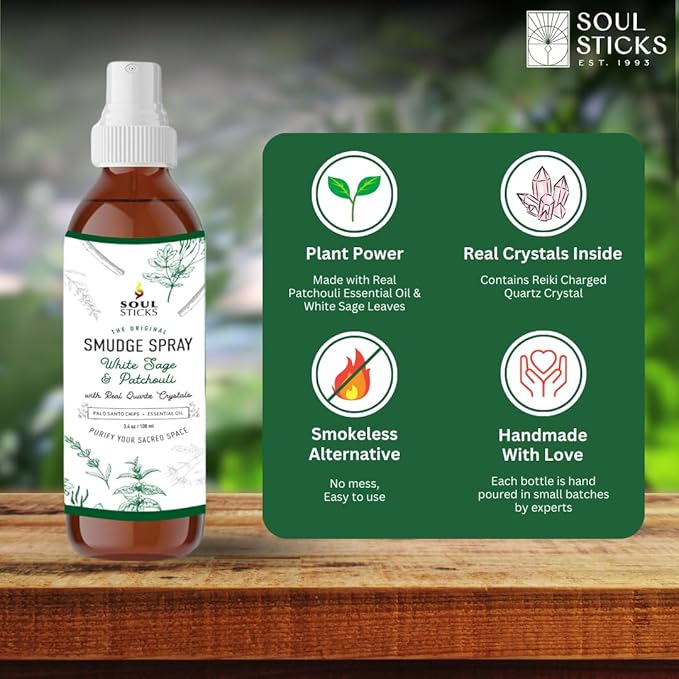 SOUL STICKS White Sage & Patchouli Smudge Spray For Cleansing and Negative Energy | 3.5oz White Sage Smudge Spray with Real Quartz Crystals | Car Fragrance Sage Room Spray for Spiritual Cleansing SoulSticks