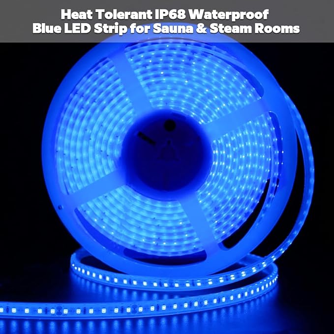 SuperLightingLED 24 Volt Blue LED Strip Sauna Light, Heat-Tolerant Flexible Dimmable Cuttable 5m/16.4ft 600 LEDs High-Density Bright IP68 Waterproof Sauna Room LED Tape (Blue) Bloomnest