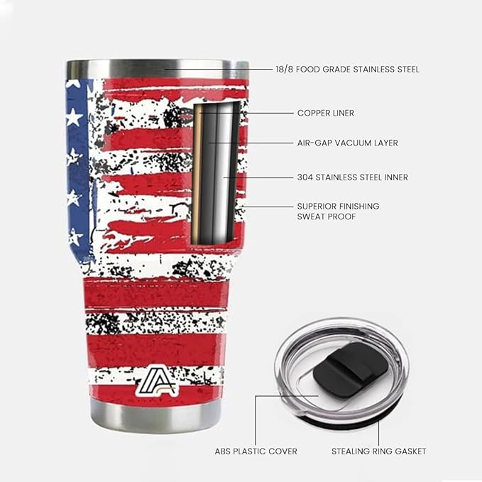 30oz Stainless Steel Tumbler - USA FlagTumbler with Lid and Straw, Double Walled Travel Mug Insulated for Hot & Cold Drinks, Vacuum Insulated Water Bottle for Home, Patriotic Gift - Bloomnest