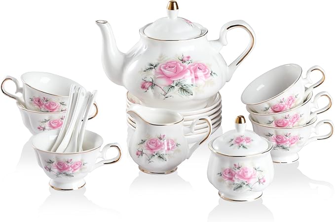 Sweejar Porcelain Tea Sets, Vintage British Floral Relief Gold Rimmed Teapot Cup and Saucer Set, Tea Set Service for 6, with Teapot, Sugar Bowl, Milk Jug, Spoons, Tea Cup and Saucer (Pink Flower) - Bloomnest