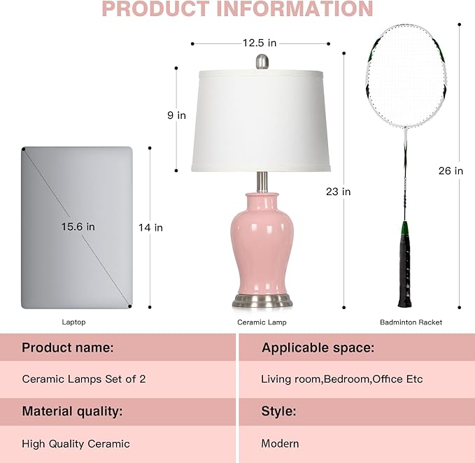 23" Pink Ceramic Table Lamps for Living Room, Modern Ceramic Lamps with Ginger Jar Design, Cute Bedside Lamp Set of 2, Elegant Bedroom Lamp for Nightstand Dining Room Side End Table Homedecor - Bloomnest