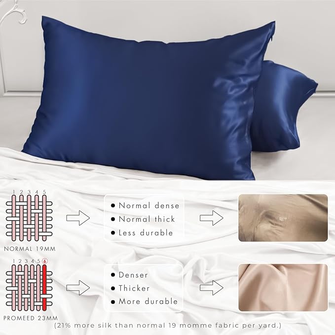 PROMEED 23 Momme Silk Pillowcase 2 Pack with Zipper, 3rd Gen Grade 6A+ 100% Mulberry Silk Pillow Case Set of 2, Cooling Pillow Cases for Hot Sleepers (King 20"x36", Navy) - Bloomnest
