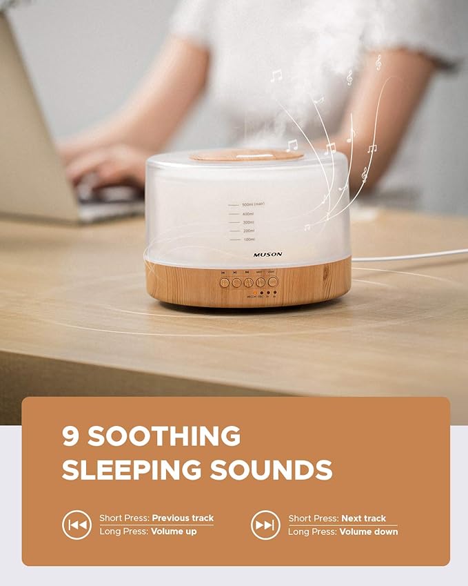 muson Essential Oil Diffuser Sound Machine Combo Diffuser for Aromatherapy Fragrant Oil Cool Mist Humidifier with Natural Sound Music & Warm Night Light, Auto Shutoff, White - Bloomnest