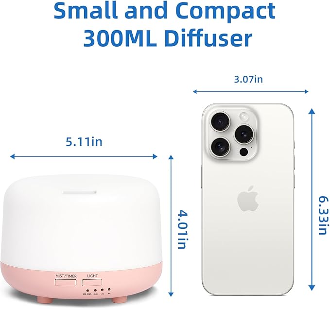 300ML Essential Oil Diffuser, Cool Mist Small Diffuser with Remote Control, 7 Color Changing LED Light, 4 Timer Settings,Waterless Safety Shut Off, for Bedroom, Room, Office(Pink) - Bloomnest