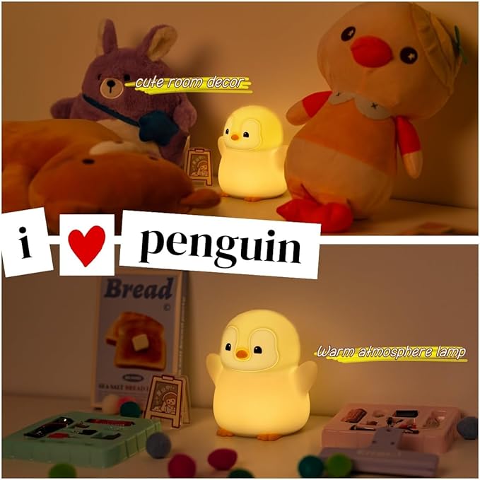 Cute Penguin Night Light, LED Squishy Xmas Penguin Lamp, Food Grade Silicone Dimmable Nightlight, Kids Gray Penguins Light, Rechargeable Light Up Penguins Gifts, Kids Room College Decor - Bloomnest