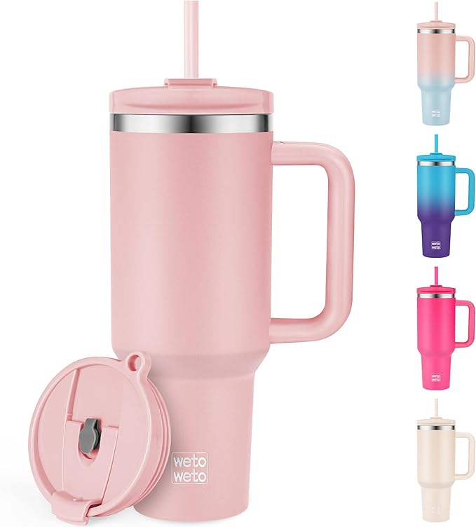 WETOWETO 40oz Tumbler with Handle and Lid | 100% Leakproof Insulated Stainless Steel Travel Mug | Keeps Cold 34Hrs/Hot 10Hrs | Dishwasher Safe, Fits Car Cup Holder (Blush Color) - Bloomnest