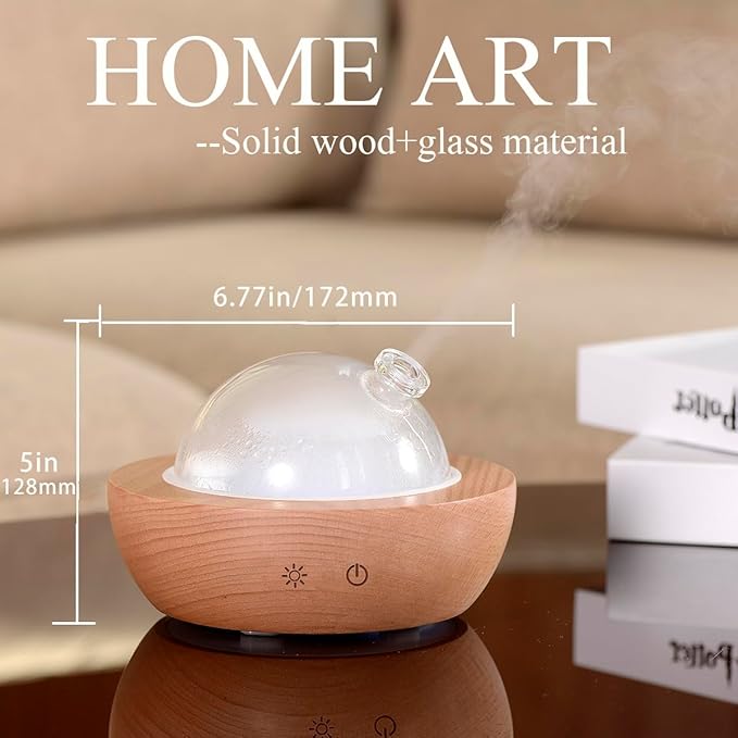 Glass Essential Oil Diffuser,Real Wood Base,The 2025 Upgrade Aromatherapy Diffuser,Aroma Diffuse Humidifier,LED Light in 7 Colors，Suitable for Home Office Bedroom（Non-Glass Reservoir） - Bloomnest