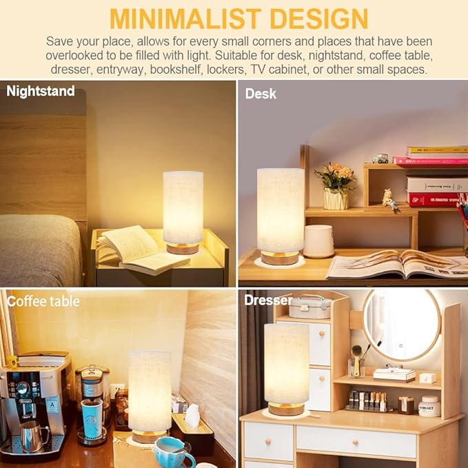 Small Bedside Table Lamp for Bedroom set of 2,Minimalist Wood Base & Round Fabric Shade,Mini Cute Cozy Warm Nightstand Boho Lamp set, Study Desk Night Stand Light for Room, Dorm,Nursery,Living Room - Bloomnest