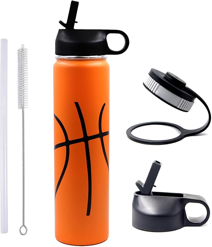 25 oz Basketball Water Bottle, Sports Flask Metal Travel Tumbler with 2 Lids, Stainless Steel Double Wall Vacuum Insulated Thermo Water bottles, Basketball Accessories Stuff Gifts for Mom Boys Girls - Bloomnest