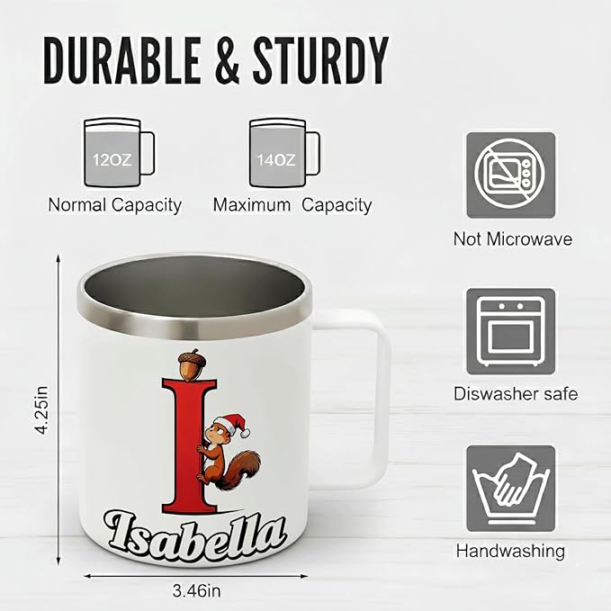 JugJug Personalized Christmas Squirrel Mug with Initial & Name - Cute 12oz Insulated Coffee Cup with Lid - Holiday Xmas Gifts for Kids, Girls (B171) - Bloomnest