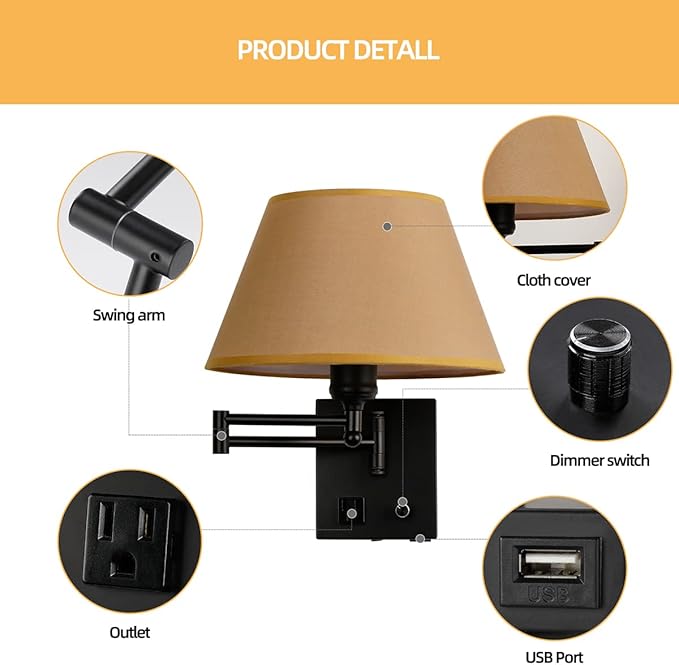 Swing Arm Wall Sconces, Plug-in Wall lamp,Bedroom Wall lamp ， White Fabric Shade with dimmable Switch and USB Charging Port,Suitable for Bedside,Living Room,Reading (Black. Gold Shadow) - Bloomnest