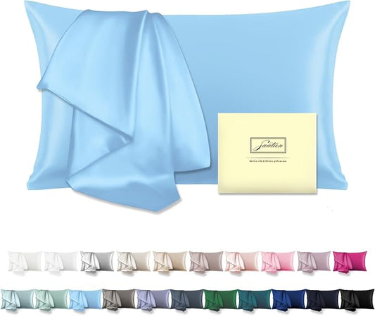 Natural Mulberry Silk Pillowcase for Hair and Skin Queen Size 20"X30" Pillow Case with Hidden Zipper Soft Breathable Smooth Cooling Silk Pillow Covers for Sleeping (Sky Blue,Queen,1Pcs) - Bloomnest