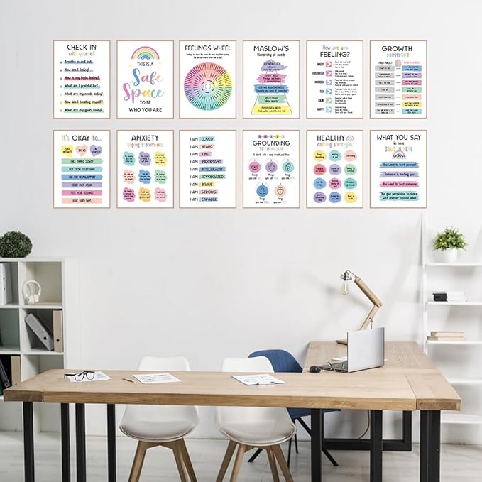Qaxrocyn 12 Pcs Mental Health & Emotional Regulation Poster for Anxiety Relief & Self Care, 10 * 14″ Colorful Psychological Wellness Wall Art Decor for Office Classroom Home Counseling (Style B) - Bloomnest