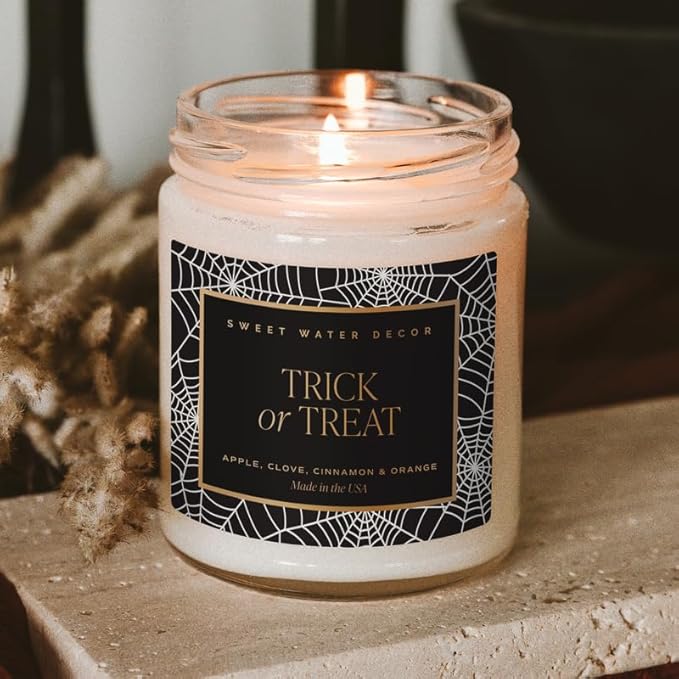 Sweet Water Decor Trick or Treat Candle, Autumn Scented Notes of Pumpkin, Spices, & Caramel, 40+ Hour Burn Time, Non-Toxic Soy Wax Blend, Poured in The USA, Cotton Wick, 9oz Glass Jar with Gold Lid - Bloomnest