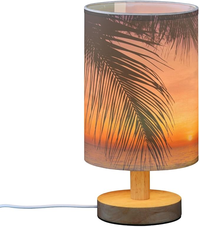 Table Lamp Sunset Ocean Palm Tree Tropical Summer Nightstand Lamp with Wood Base Fabric Lamp Shade Bedside Desk Lamp for Living Room Bedroom Kids Room Office - Bloomnest