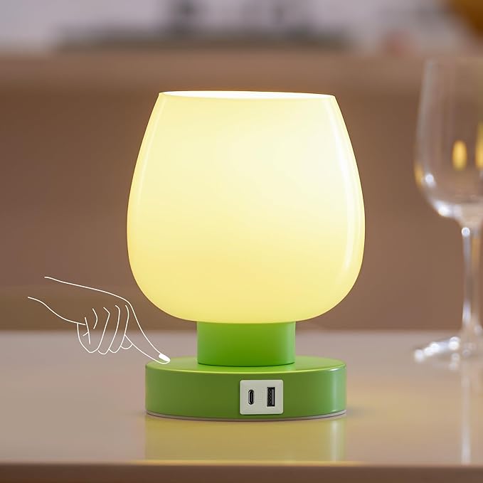 Touch Bedside Table Lamp with USB Charging - Modern Green Small Lamp for Bedroom Living Room Nightstand, Desk lamp with Glass Lamp Shade, Warm LED Bulb Included, 3 Way Dimmable, Simple Design - Bloomnest