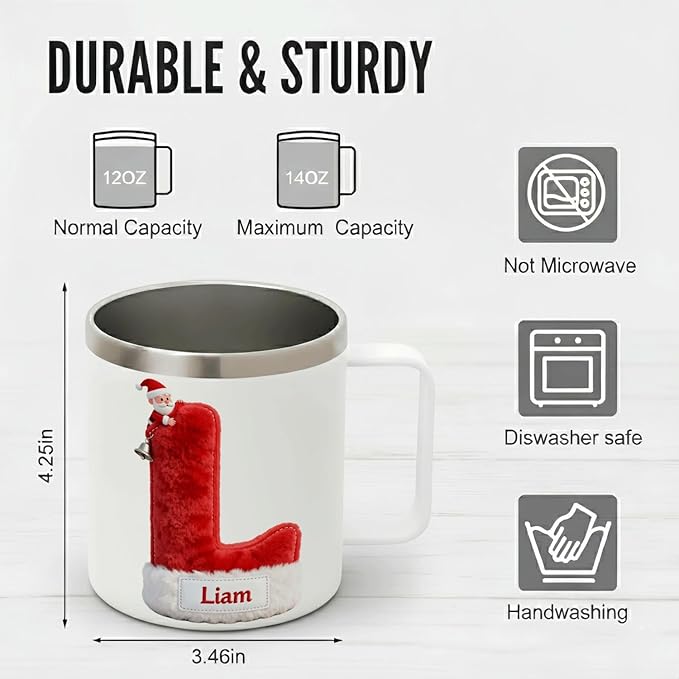 Personalized Santa Hat Mug | Custom Initial Insulated Christmas Coffee Cup with Handle & Lid | 12oz Holiday Tumbler, Cute Stocking Stuffer Gift for Kids & Family (B13) - Bloomnest