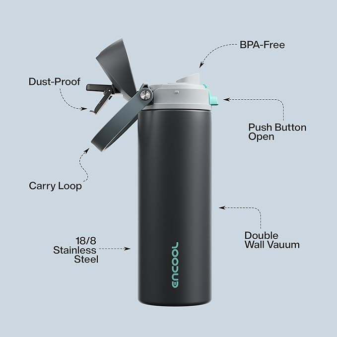 Insulated Water Bottle with Straw - Encool Stainless Steel Water Bottle with Push Button Lid, Leak-Proof & BPA-Free, Keeps Cold for 24 Hours for Sports, Travel, Gym (32 oz, Tuna Grey-Green) ENCOOL