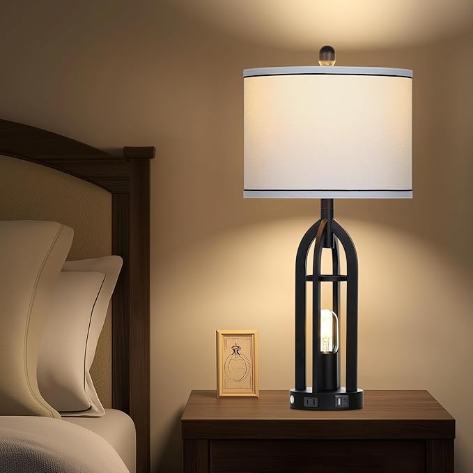 27" Black Table Lamp for Living Room,Black Table Lamps Set of 2 with USB & AC Outlet, 3-Way Dimmable Farmhouse Lamps for Night Stands, Vintage Bedside Lamp for End Tables, Nightstand Lamps for Bedroom - Bloomnest