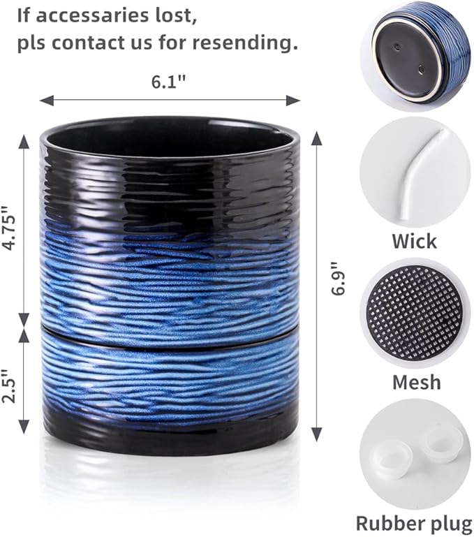 Nihow Self Watering Plant Pot: 6 Inch Ceramic Planter with Drainage Hole & Water Storage Plus for Indoor & Outdoor Plants - Cylinder Round Flower Pot for Succulent/Herbs/Violets - Black & Vivid Blue - Bloomnest