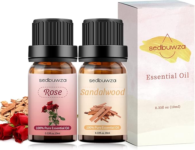 Sedbuwza Rose Sandalwood Essential Oil Set, Rose Fragrance Oil Sandalwood Scent Oil Set for Diffuser, Aromatherapy, Massage, Soap, Candle Making 2 x 10 ml Sedbuwza