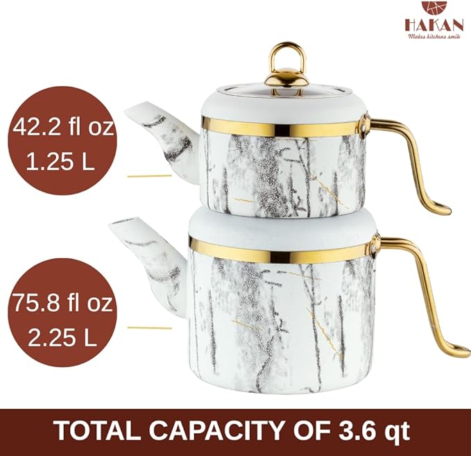 Hakan Melody Turkish Tea Pot Set | 3.5 L Tea Kettles for Stovetop with Stainless Steel Handless and Glass Lid | Aluminum Body Tea Maker | Double Stovetop Kettles with Granite Cover, White 3.6 qt - Bloomnest