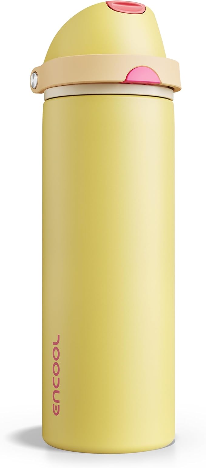 Insulated Water Bottle with Straw - Encool Stainless Steel Water Bottle with Push Button Lid, Leak-Proof & BPA-Free, Keeps Cold for 24 Hours for Sports, Travel, Gym (24 oz, Ginger) ENCOOL