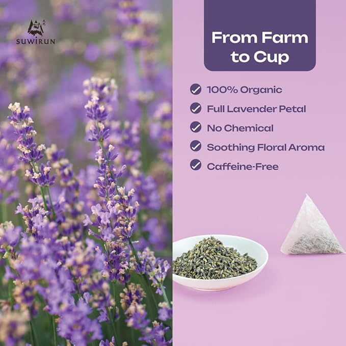 Suwirun Organic Lavender Tea 25 Bags – 100% Lavender Flowers – Aromatic & Calming, Caffeine-Free – Supports Stress Relief, Relaxation & Better Sleep - Bloomnest