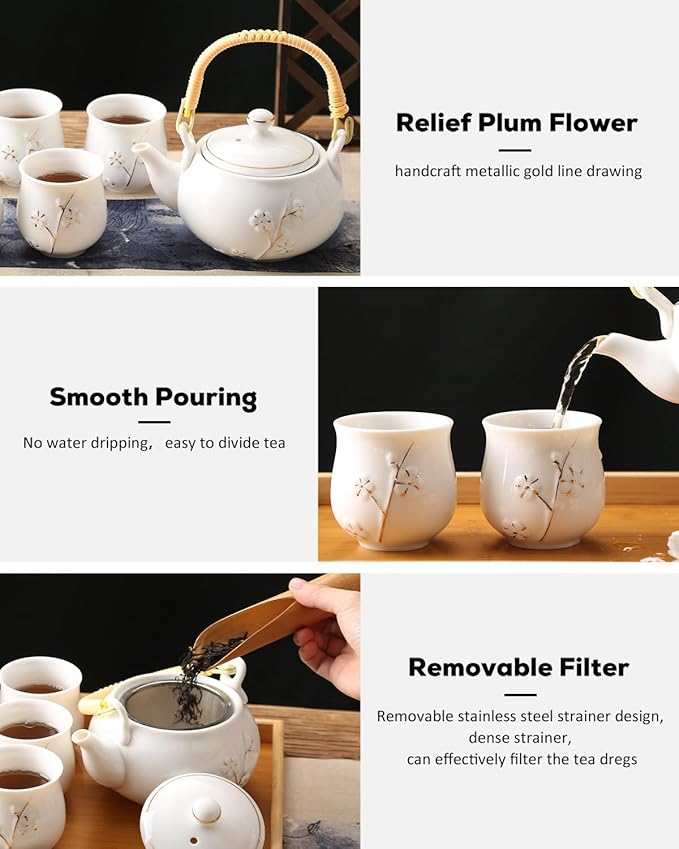 Dujust Japanese Tea Set, White Porcelain Tea Set with 1 Teapot Set, 6 Tea Cups, 1 Tea Tray, 1 Stainless Infuser, Cute Asian Tea Sets for Adults/Tea Lover/Women/Men (Plum in Golden) - Bloomnest