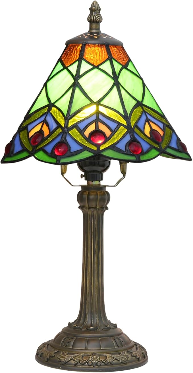 8 Inch Tiffany Style Stained Glass Table Lamp, Peacock Feather Pattern Retro Style Design, Suitable for Bedroom Bedside Lamp Office Study and Other Home Art Decoration (Green) - Bloomnest