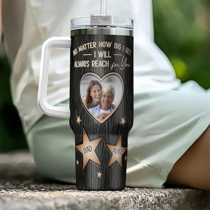 Personalized Dad Tumbler with Photo and Names, Custom Star Design Gift from Daughter, Father’s Day Mug with Handle and Straw, Always Reach for You Theme - Bloomnest
