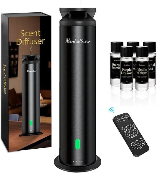 Waterless Scent Diffuser Starter Kit - 1000 Sq Ft Coverage, Essential Oil Diffuser for Home, Hotel & Office, Included 5 Scent Oils, Remote Control, Aromatherapy Diffuser, Ultra Black - Bloomnest