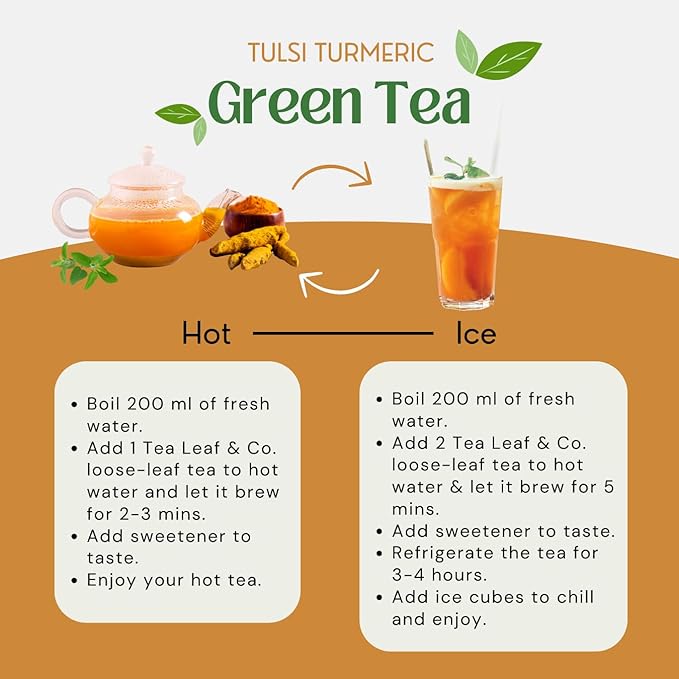 Tealeaf & Co. Turmeric Tulsi Holy Basil Green Tea Loose Leaf - Turmeric, Tulsi & Peppermint Tea Blended with Fresh Herbs & Spices - 50 Servings, Low Caffeine & Gluten Free (3.52oz/100gm) - Bloomnest