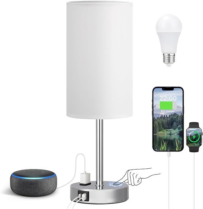 Fenmzee Touch Bedside Lamp - White, 3-Way Dimmable, USB A + C Charging, AC Outlet, 17.4inch Medium - Bloomnest